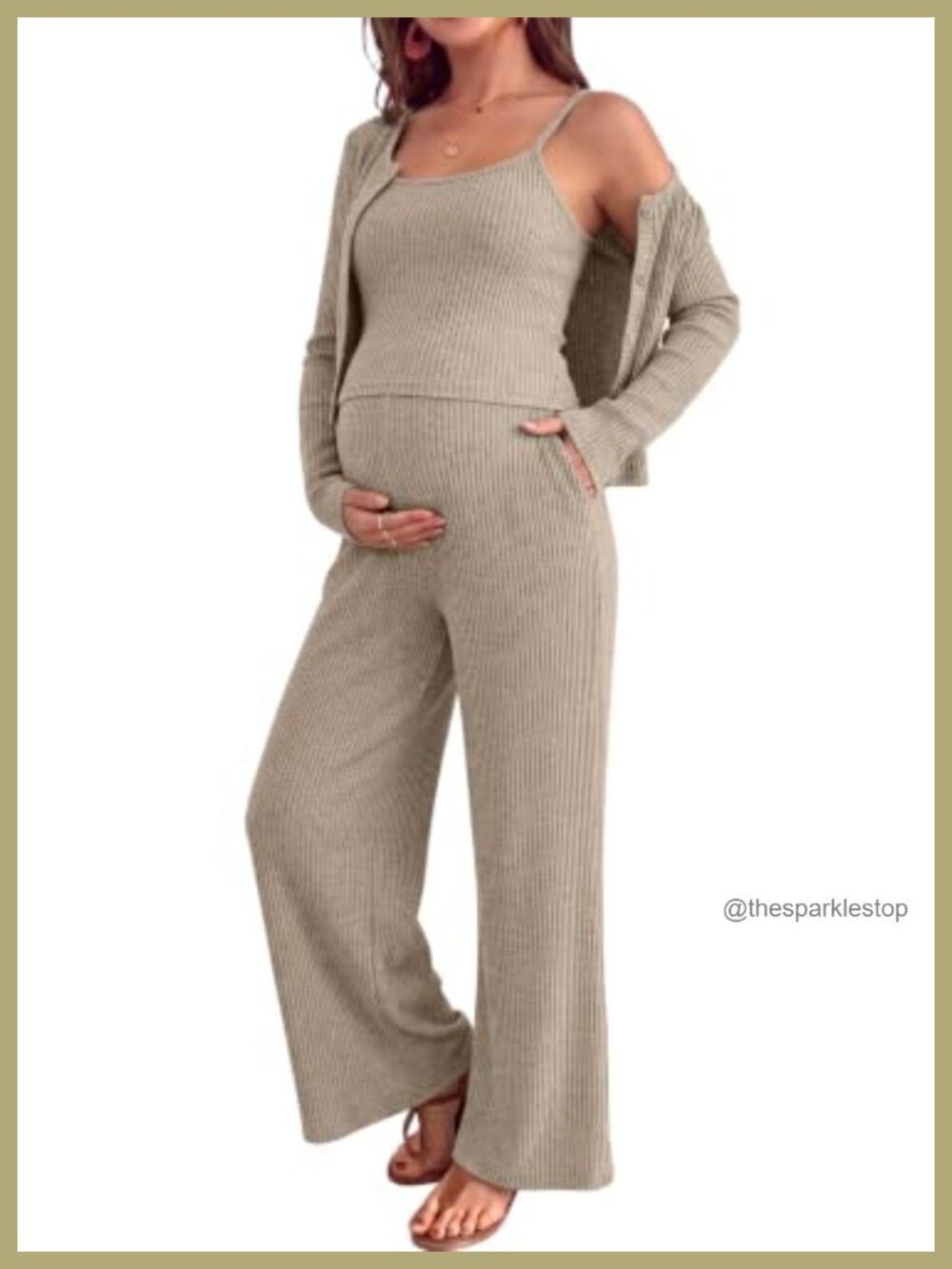 Women's 3 Piece Ribbed Knit Maternity Loungewear Set Wide Leg Pants Cardigan